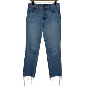 J Crew Essential Straight Jeans Size 28 Blue Denim Button Fly Frayed Hem Stretch